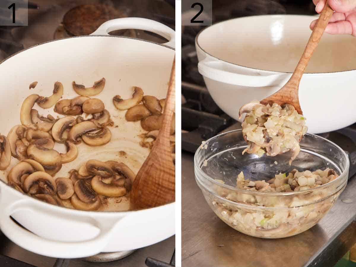 Set of two photos showing mushrooms cooked in a pot and then spooned into a bowl along with cooked onions.