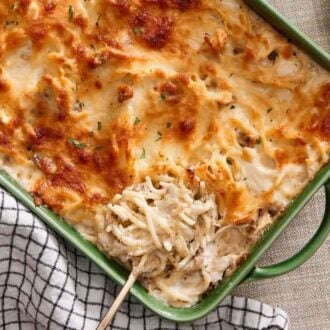 An overhead view of a baking dish of chicken tetrazzini with a serving taken out and a serving spoon tucked in.