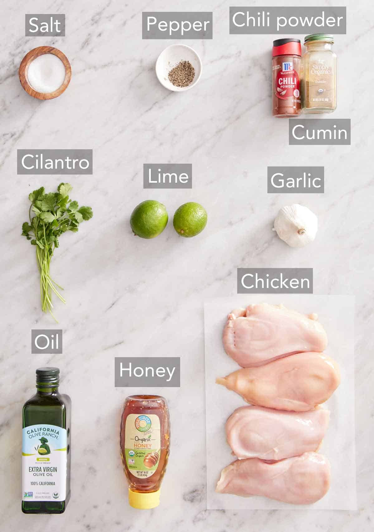 Ingredients needed to make cilantro lime chicken.
