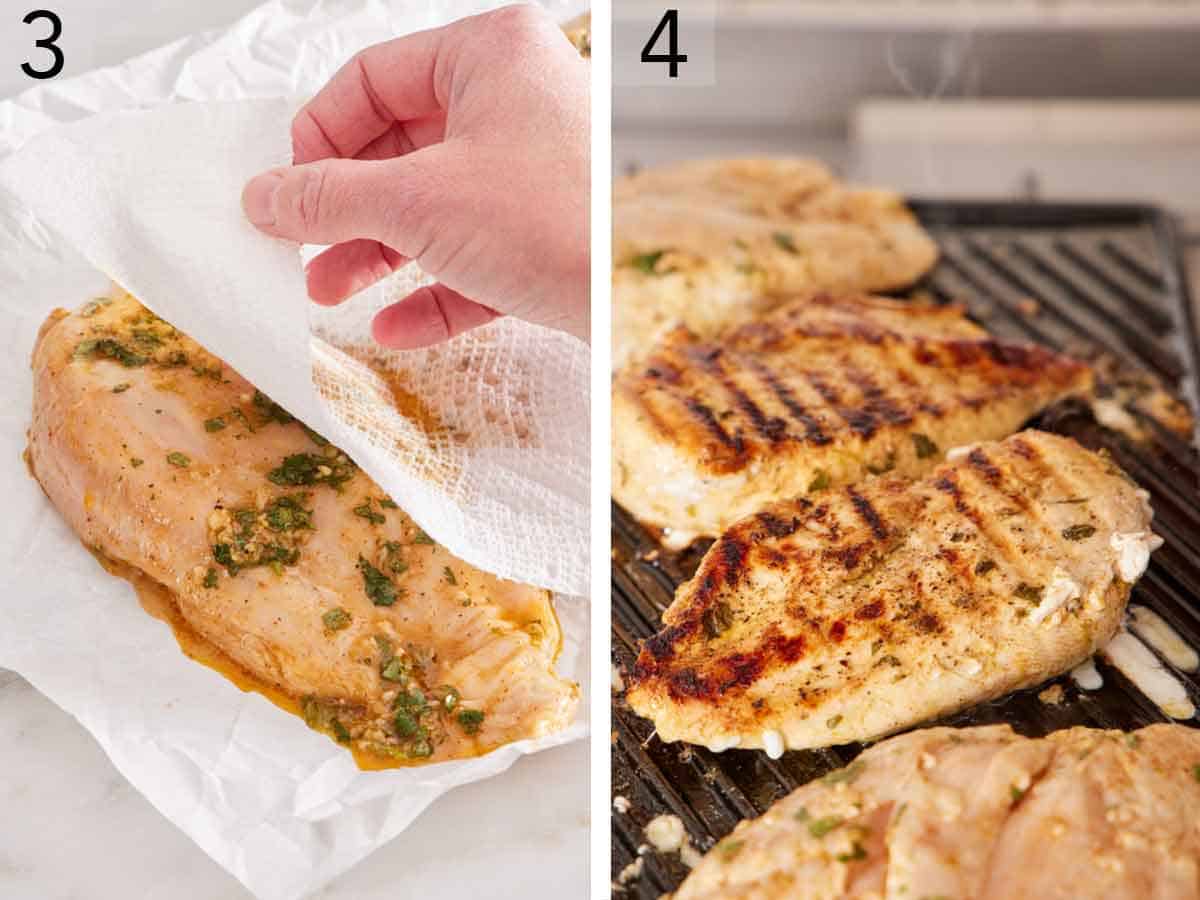 Set of two photos showing meat patted dry then grilled.