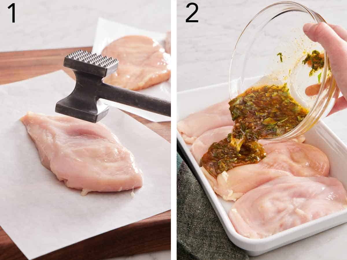 Set of two photos showing chicken breasts pounded flat and marinate poured on top.