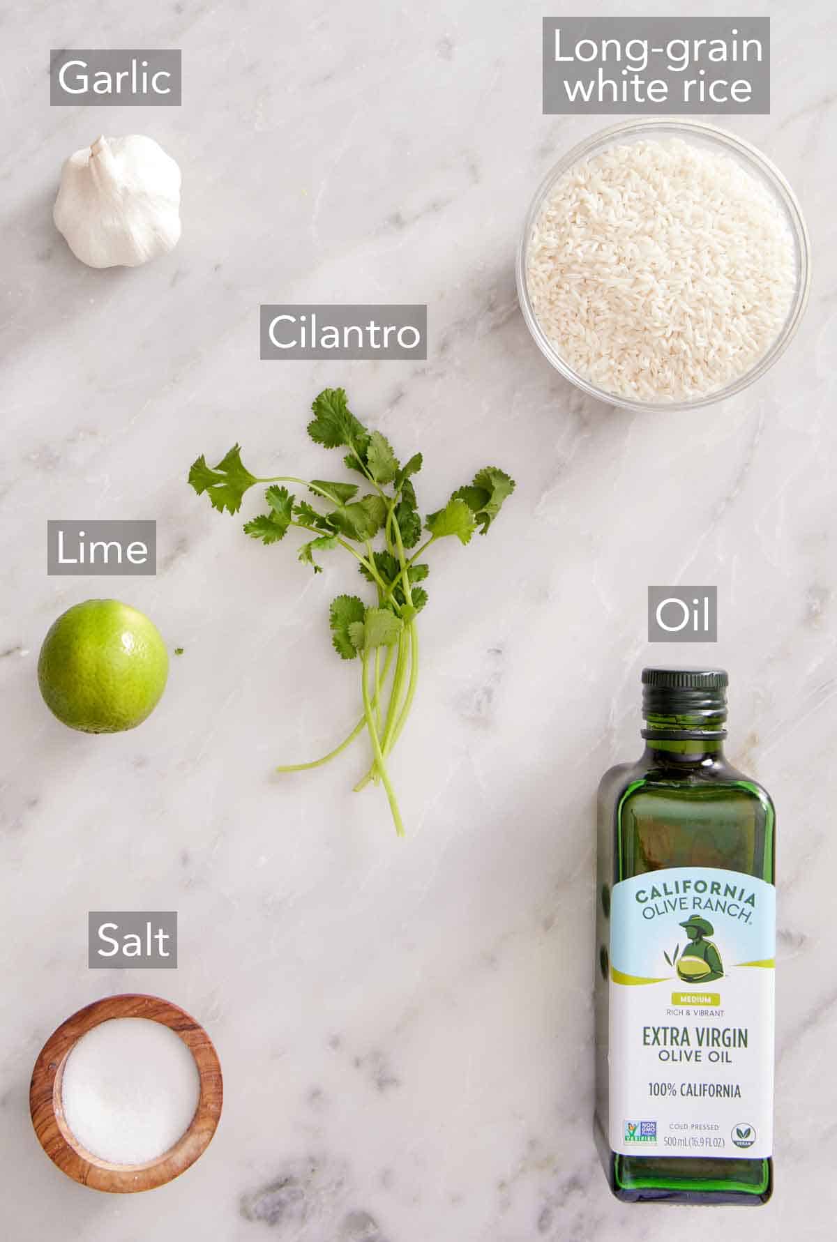 Ingredients needed to make cilantro lime rice.