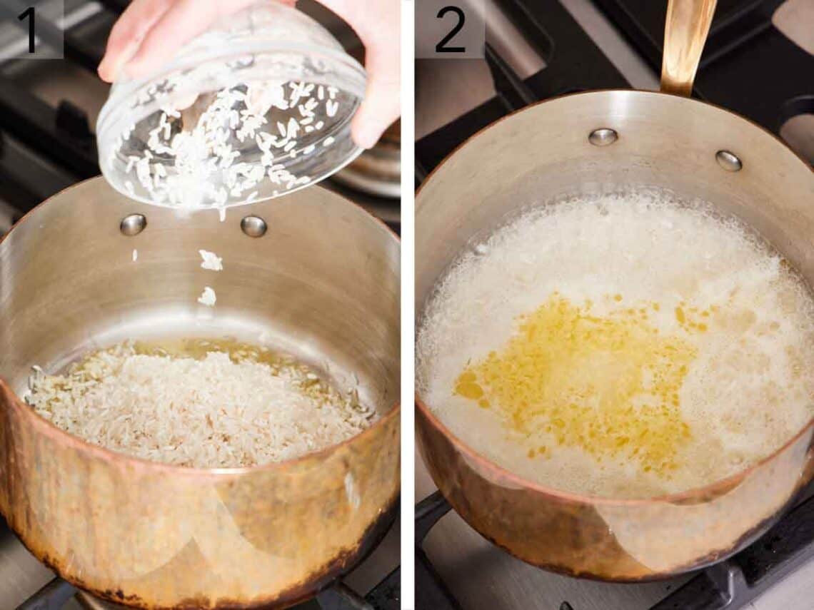 Set of two photos showing rice added to a pot and simmered with water.