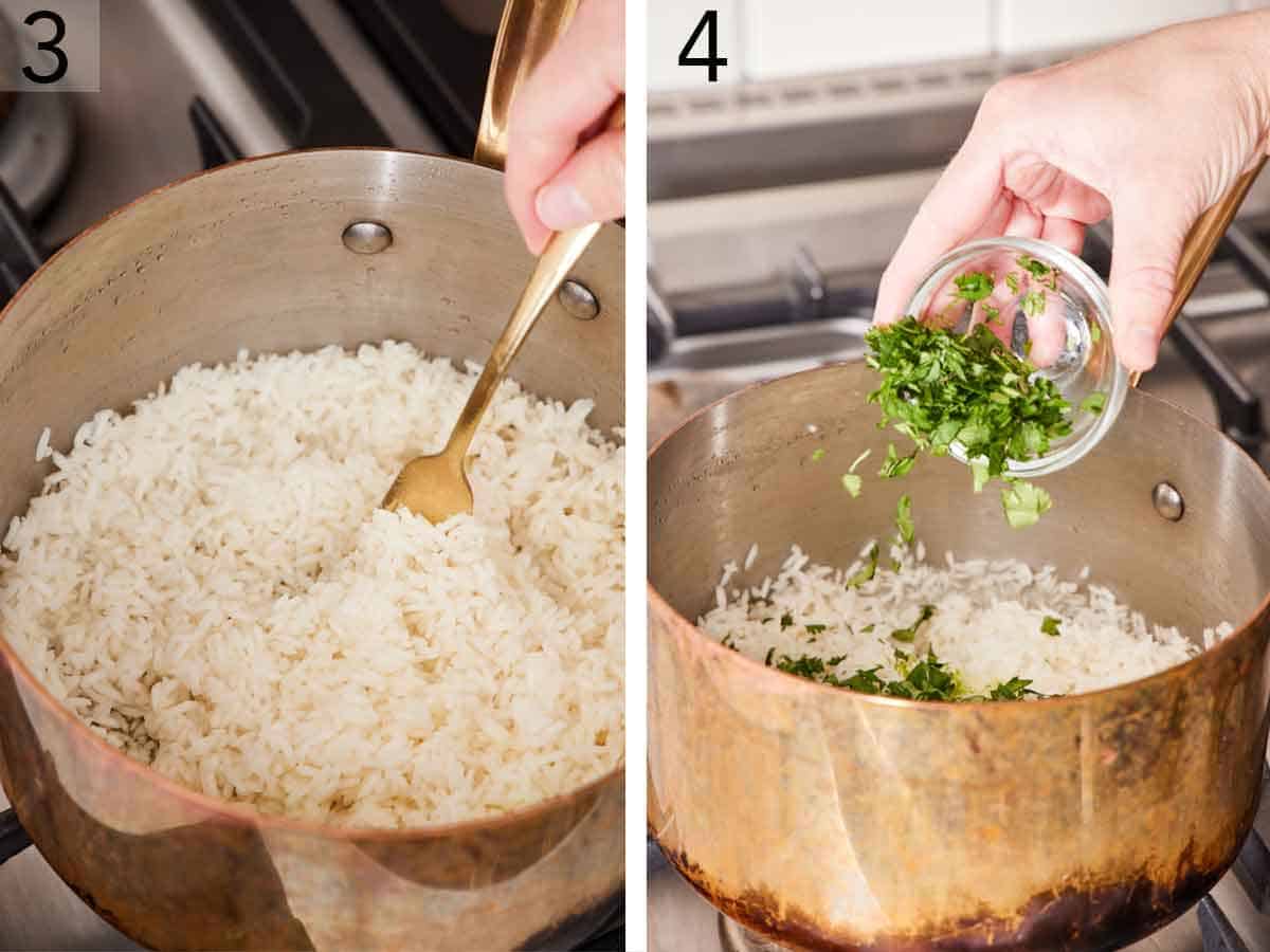 Set of two photos showing rice fluffed with a fork and chopped cilantro added.