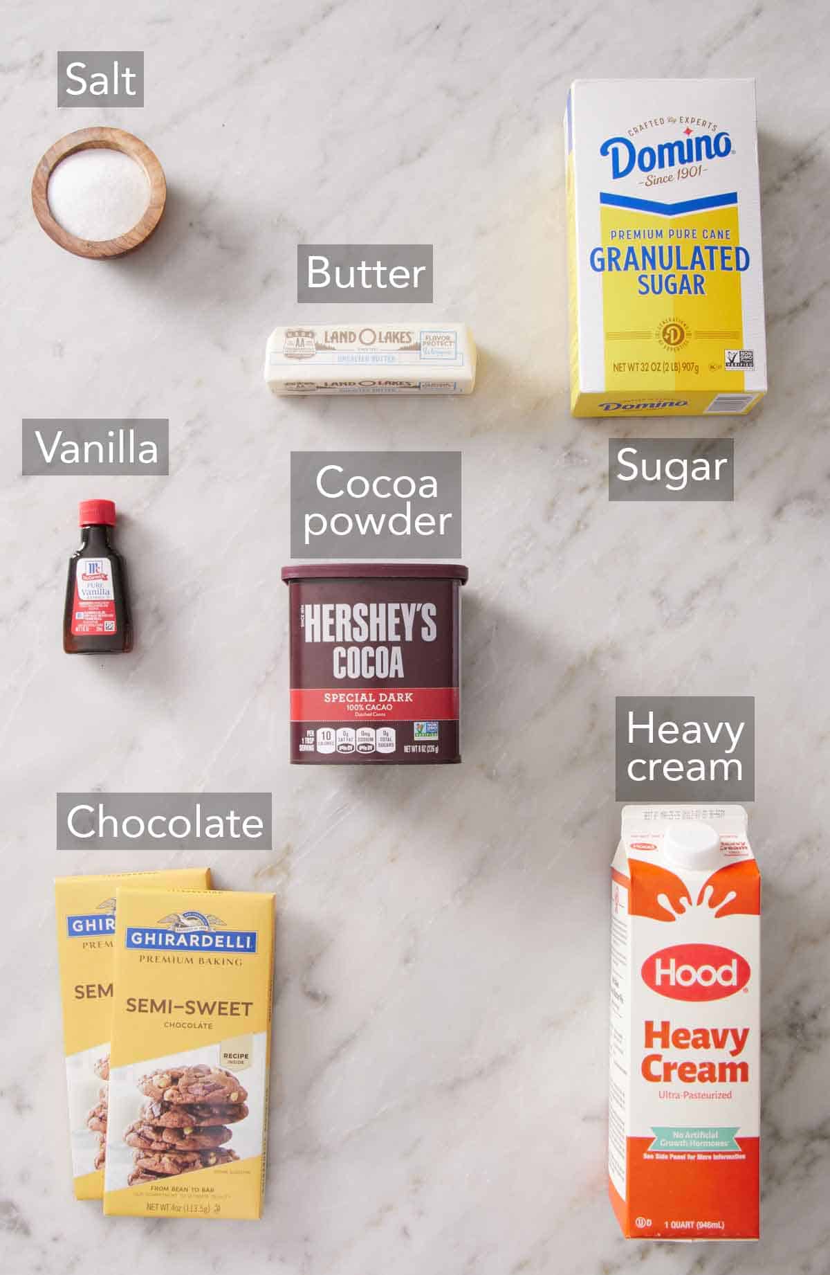 Ingredients needed to make hot fudge sauce.