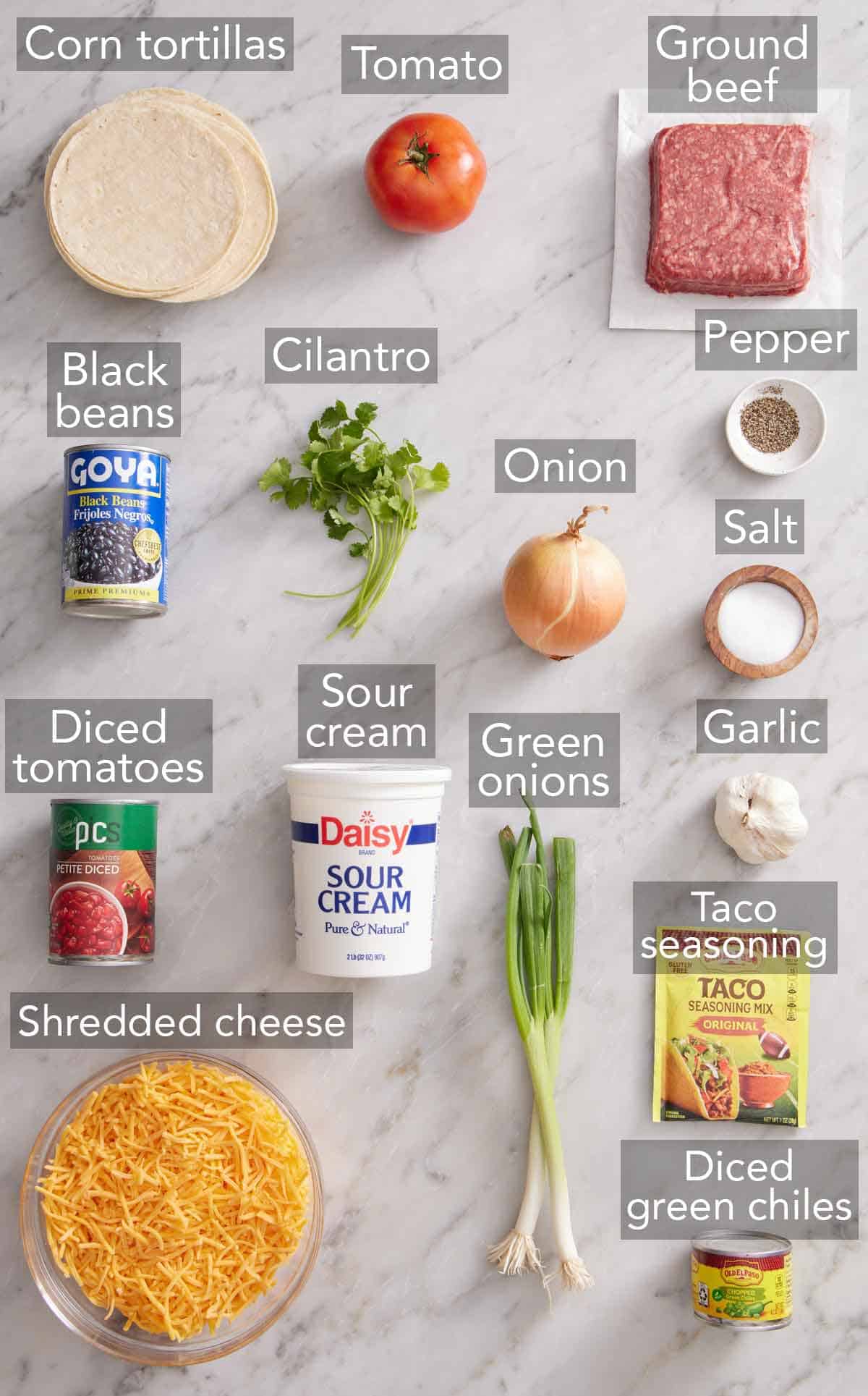 Ingredients needed to make Mexican lasagna.