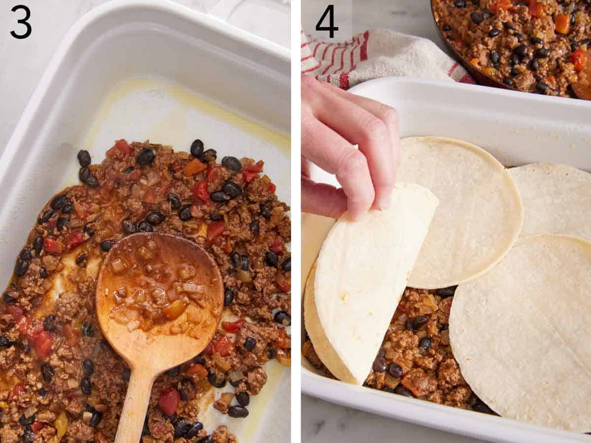 Set of two photos showing filling spooned into a baking dish and corn tortillas added on top.