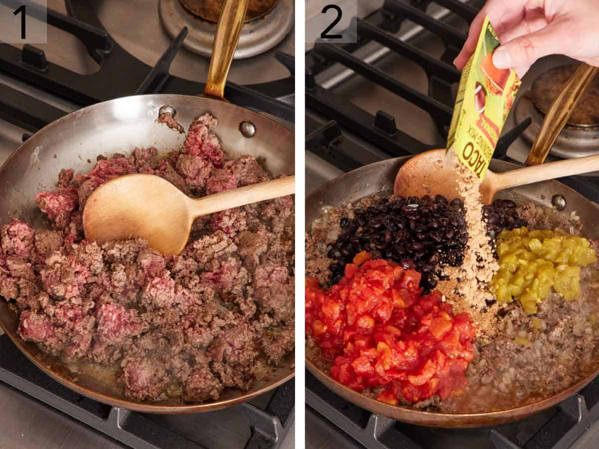 Set of two photos showing ground beef cooked in a skillet and taco seasoning added along with tomatoes, beans, and chile.