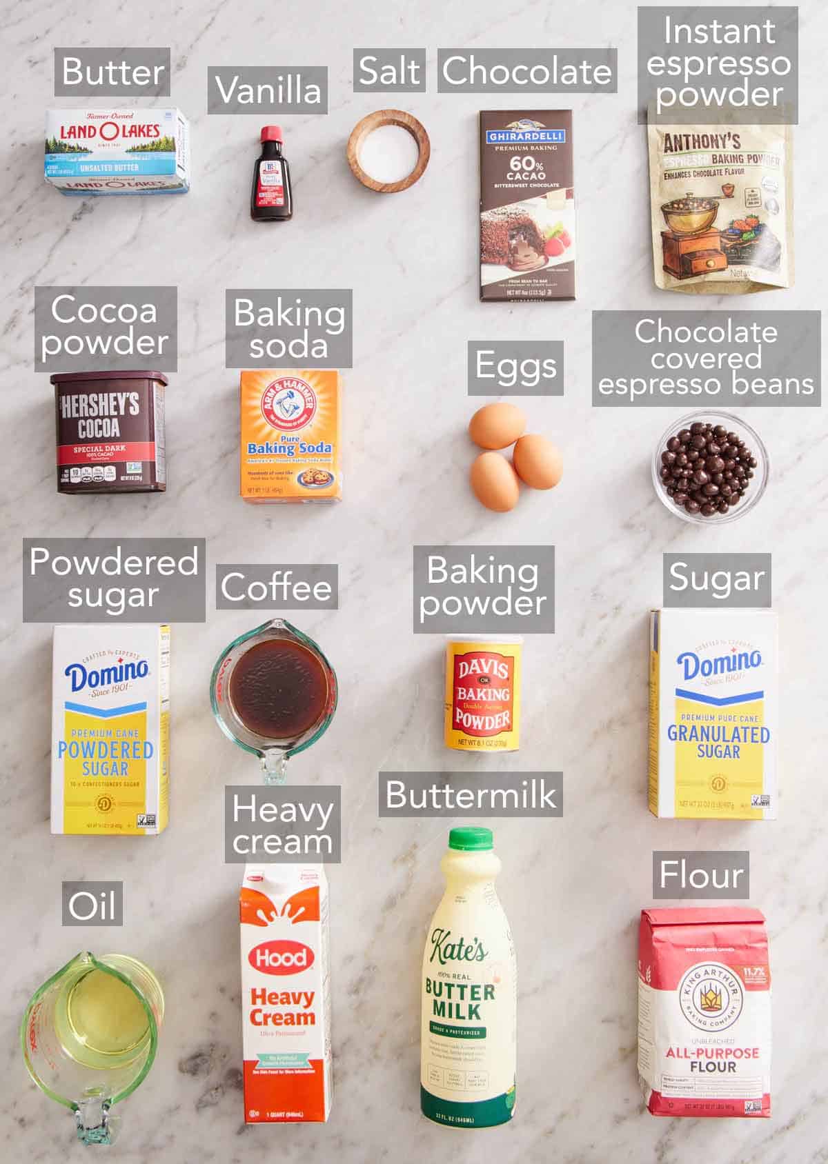 Ingredients needed to make a mocha cake.