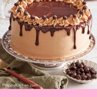 Pinterest graphic of a mocha cake on a cake stand. A bowl of chocolate-covered espresso beans on the side with a cake spatula on a napkin.