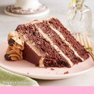 Pinterest graphic of a slice of mocha cake on its side on a plate with a bite taken out.