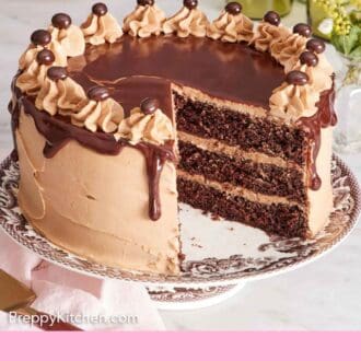 Pinterest graphic of a mocha cake on a cake stand with a slice cut out.
