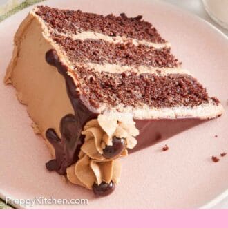 Pinterest graphic of a slice of mocha cake on its side on a plate, showing the three layers.