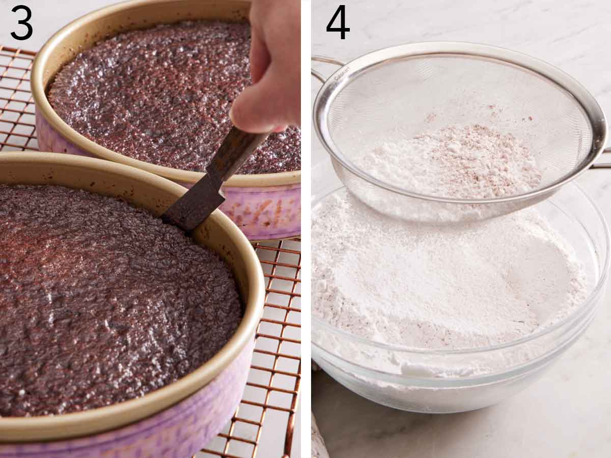 Set of two photos showing cake being loosen from the baking pan and powdered sugar sifted with cocoa powder into a bowl.