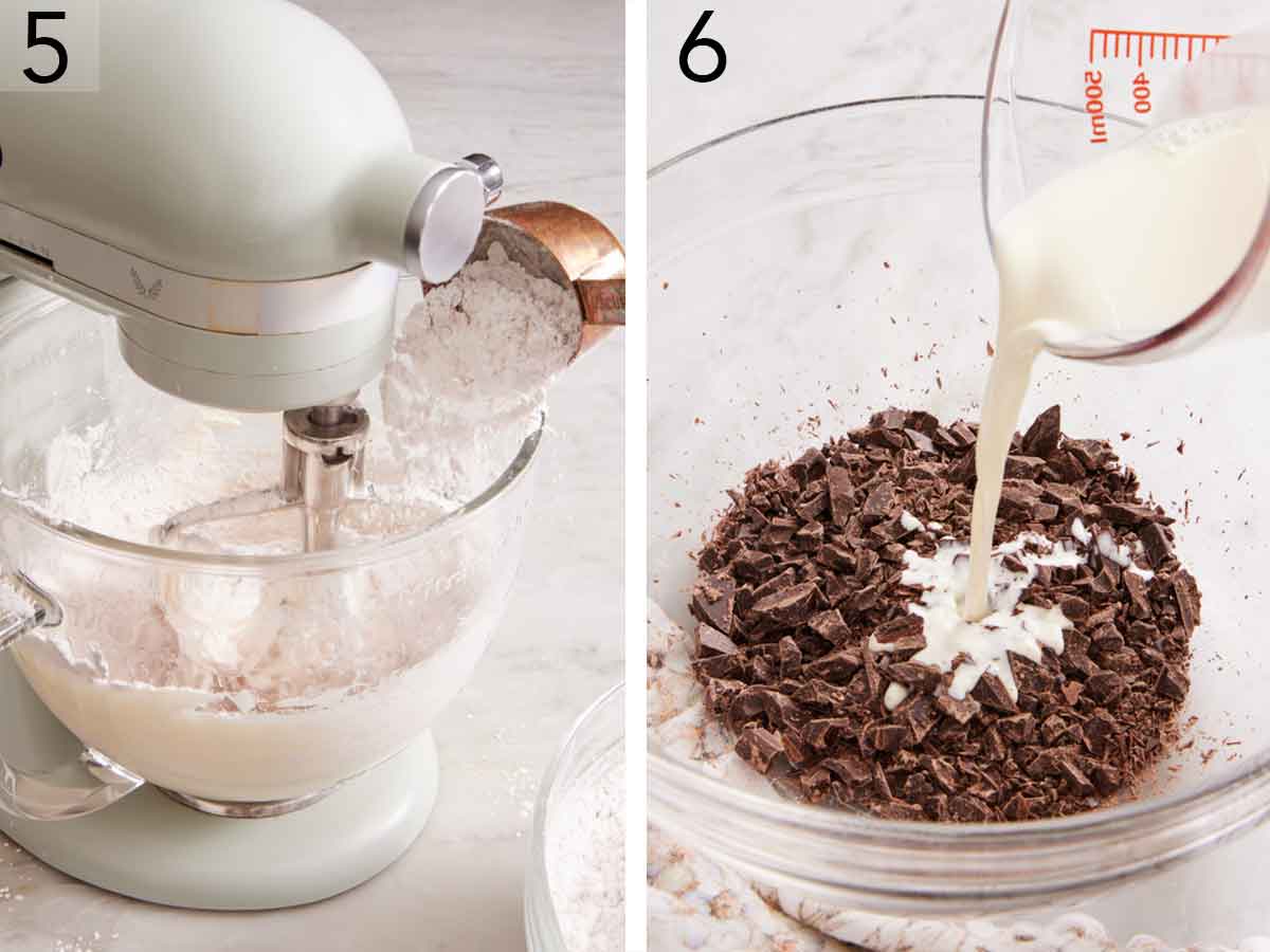 Set of two photos showing sugar mixtured added to a mixing bowl in a mixer then hot cream added to a bowl of chopped chocolate.