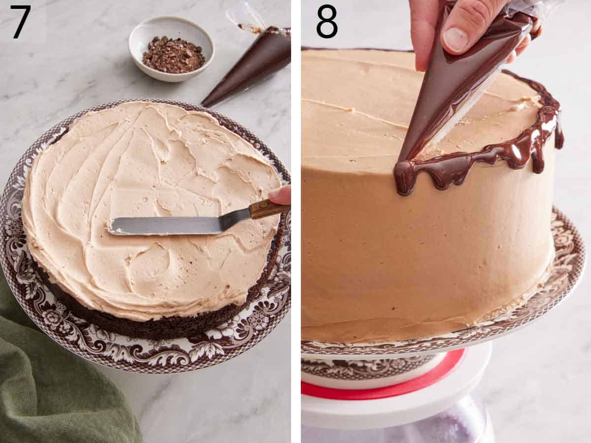 Set of two photos showing frosting and ganache added to a cake to assemble.