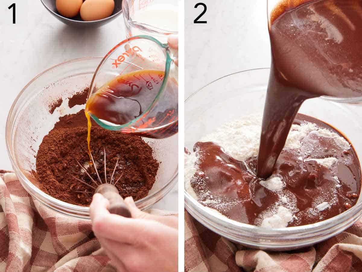 Set of two photos showing hot coffee poured into a bowl of cocoa powder and wet ingredients poured into a bowl of dry ingredients.