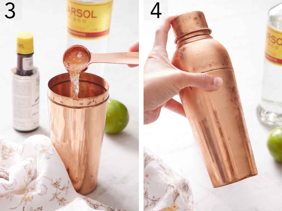 Set of two photos showing egg whites added to the shaker and shaken.