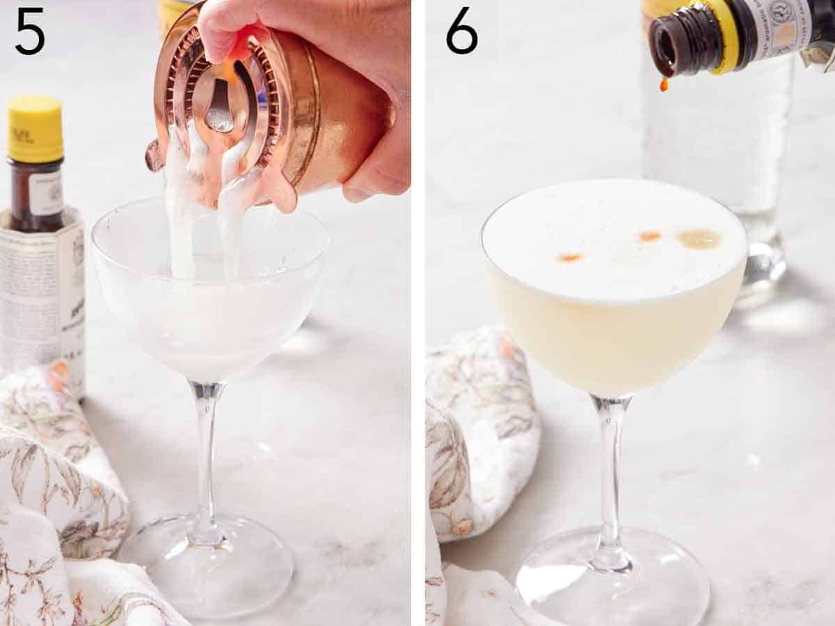 Set of two photos showing the cocktail strained out of the shaker into a glass and topped with bitters.