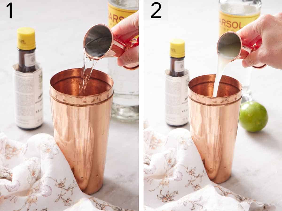 Set of two photos showing pisco and lime juice added to a cocktail shaker.