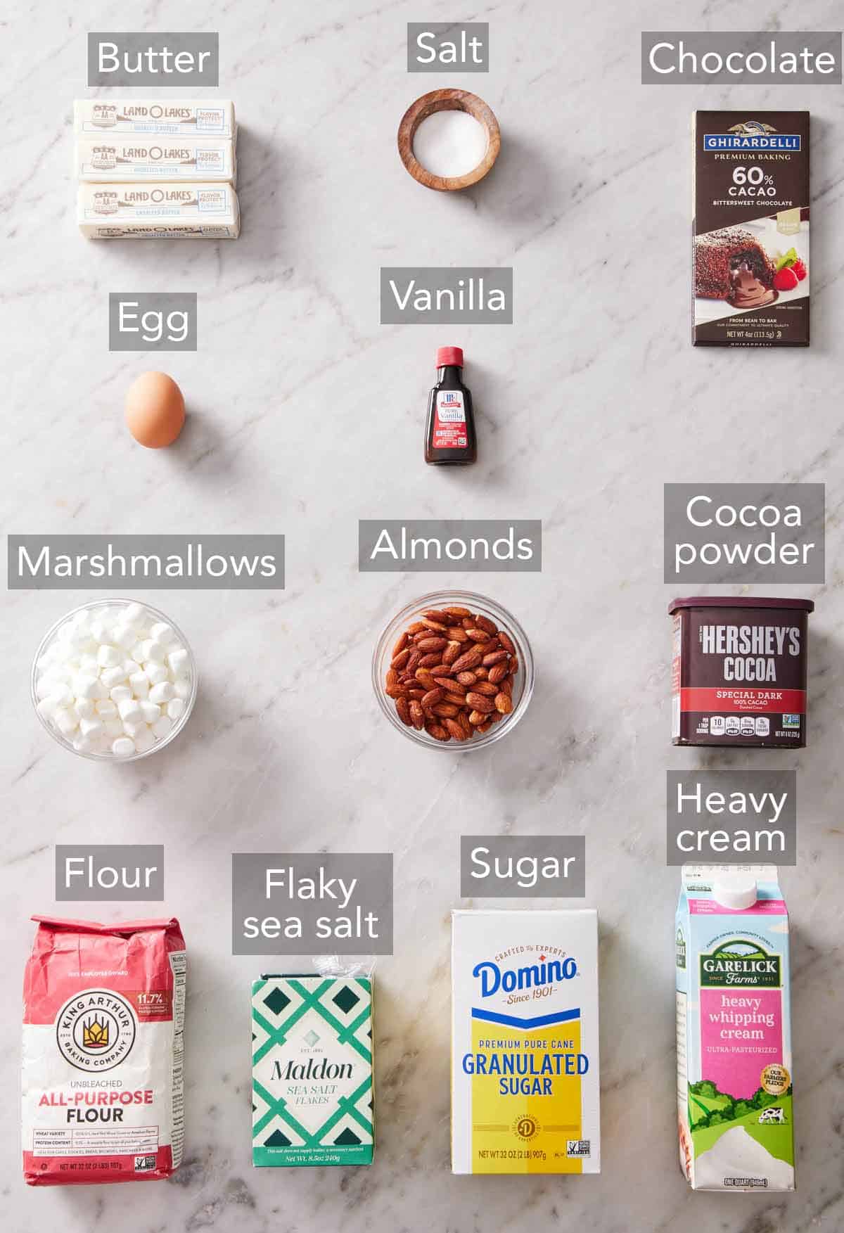 Ingredients needed to make rocky road bars.