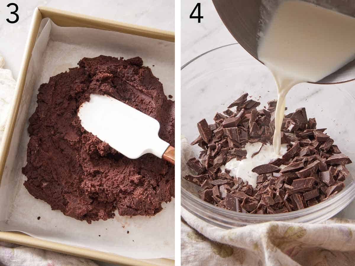 Set of two photos showing batter spread into a baking dish and warmed cream added to chopped chocolate.