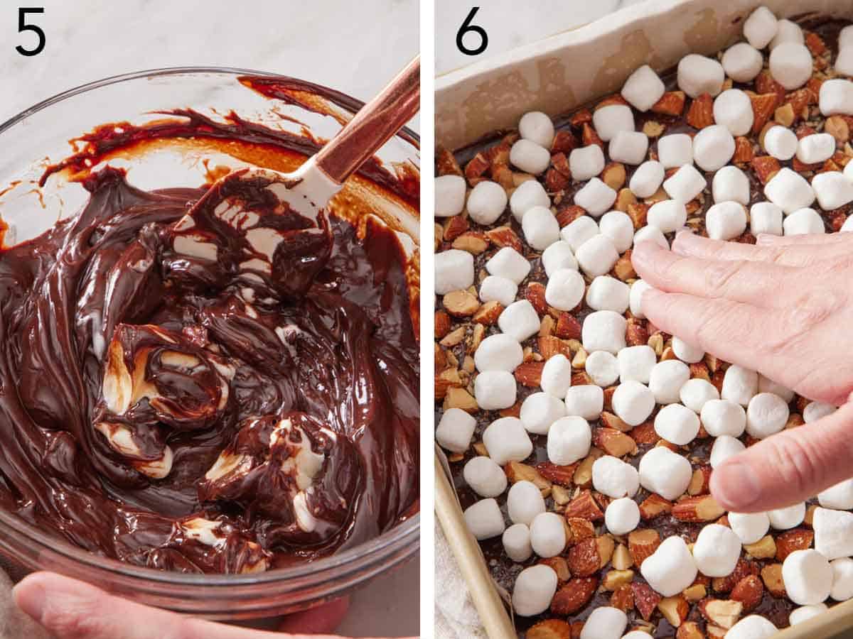 Set of two photos showing melted chocolate stirred and chopped almonds and marshmallows added on top of the baking dish.
