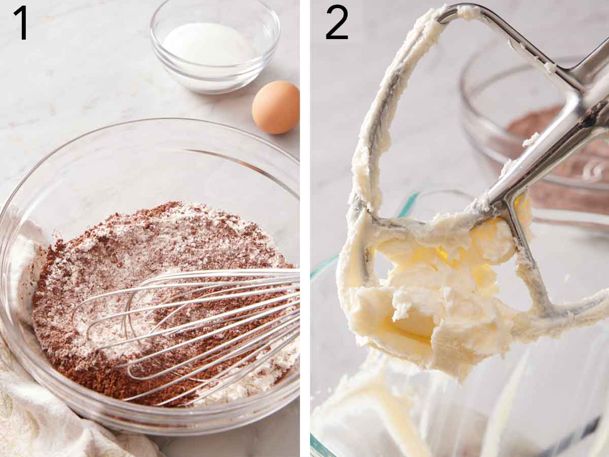 Set of two photos showing dry ingredients whisked and butter creamed.