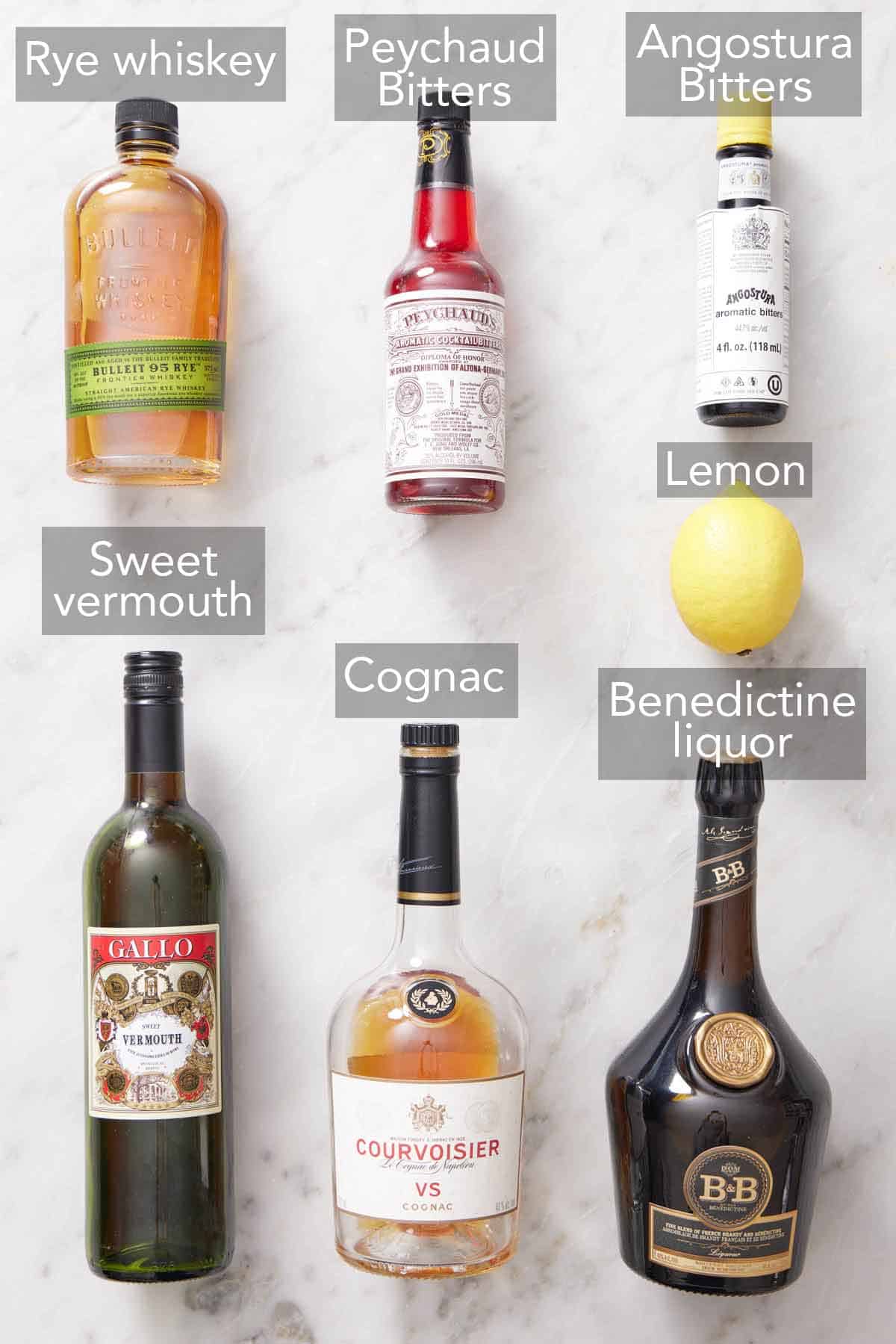Ingredients needed to make a Vieux Carré cocktail.