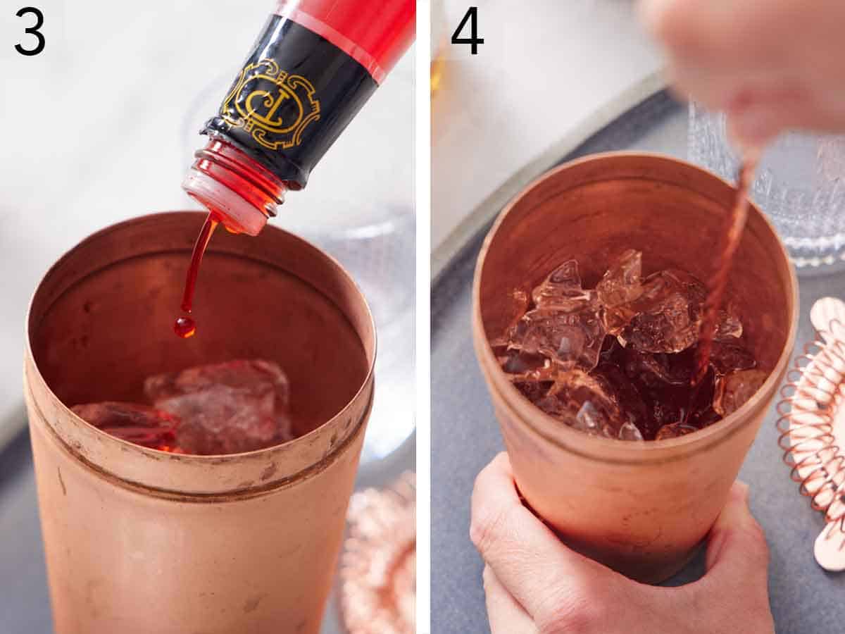 Set of two photos showing bitters added to the shaker and stirred.