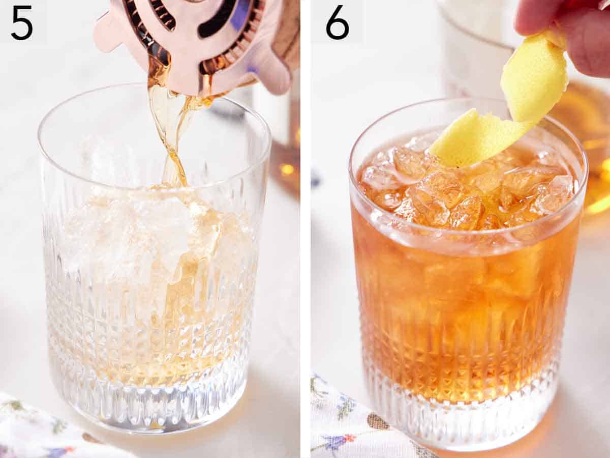 Set of two photos showing the cocktail strained from the shaker into a glass with ice and topped with a lemon peel garnish.