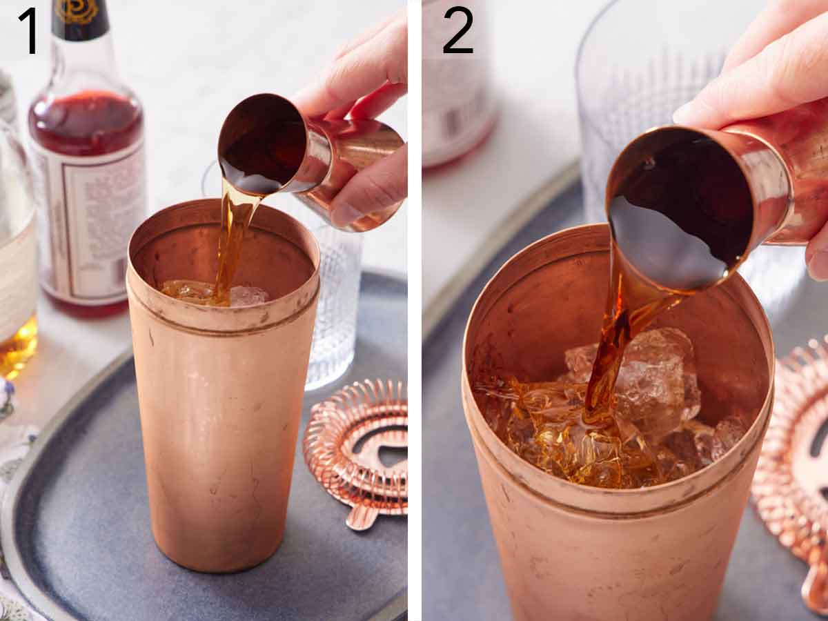 Set of two photos showing cognac and rye whiskey added to a shaker with ice.