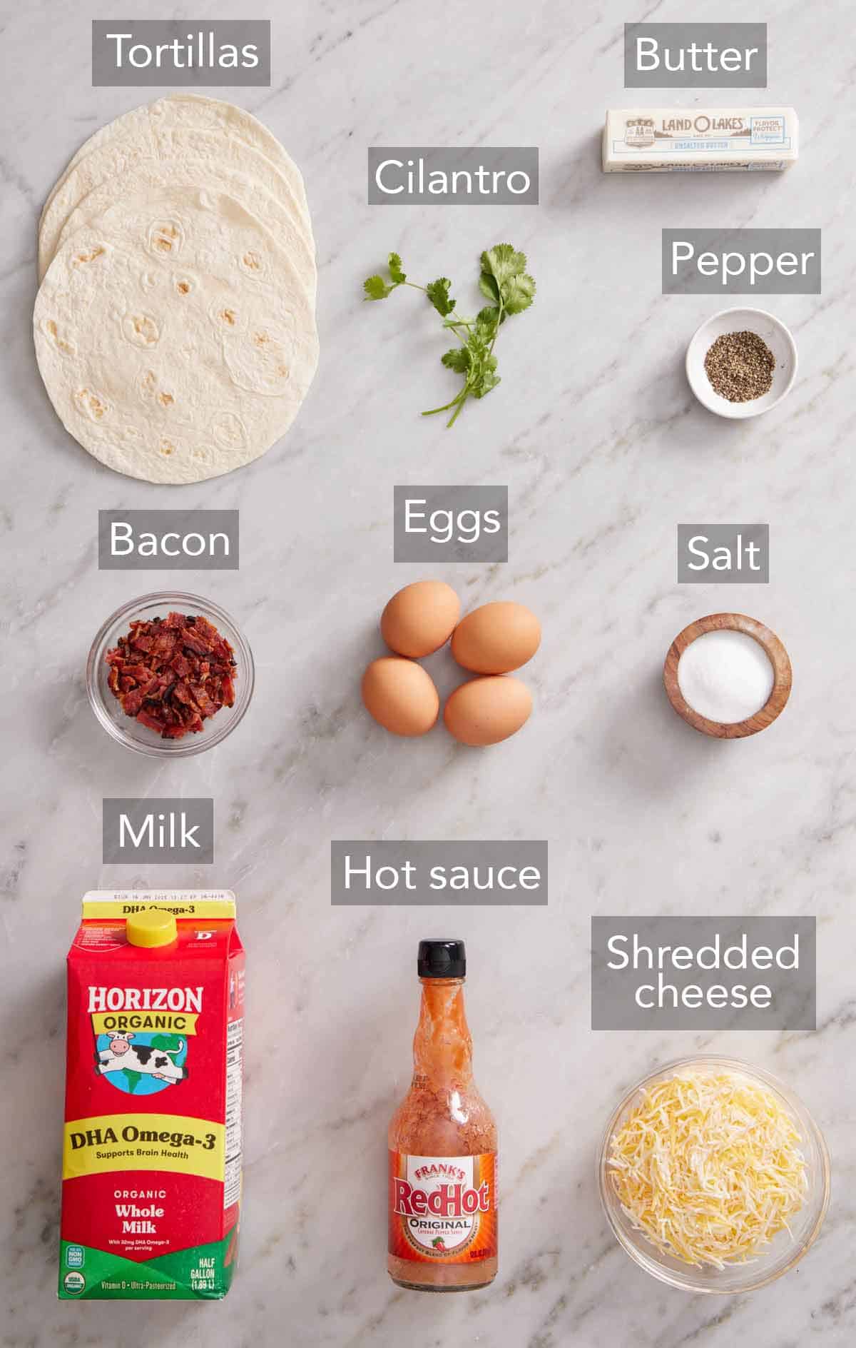 Ingredients needed to make breakfast quesadillas.