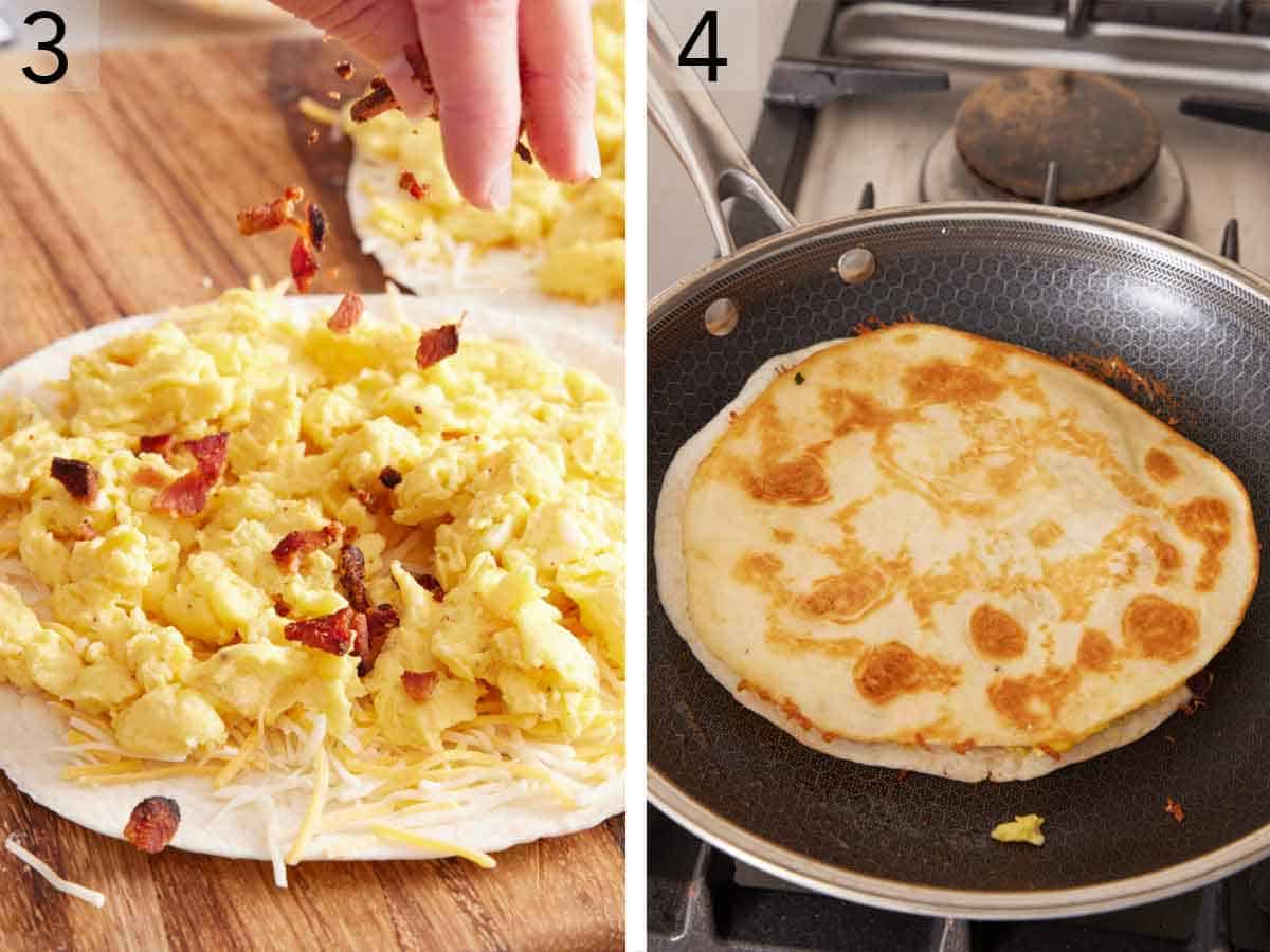 Set of two photos showing scrambled eggs, cheese, and bacon added to a tortilla and pan fried.