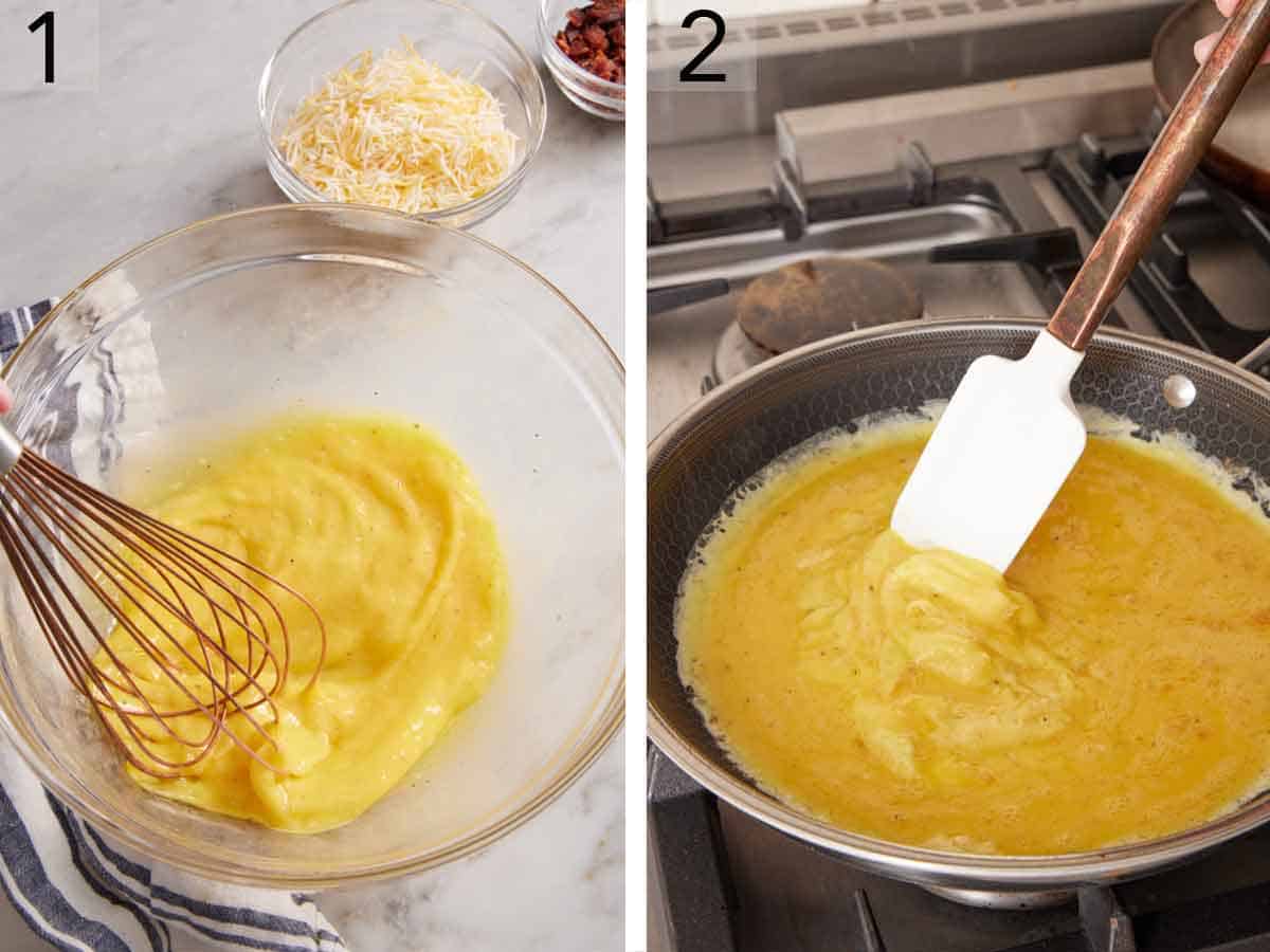 Set of two photos showing eggs whisked and cooked in a skillet.