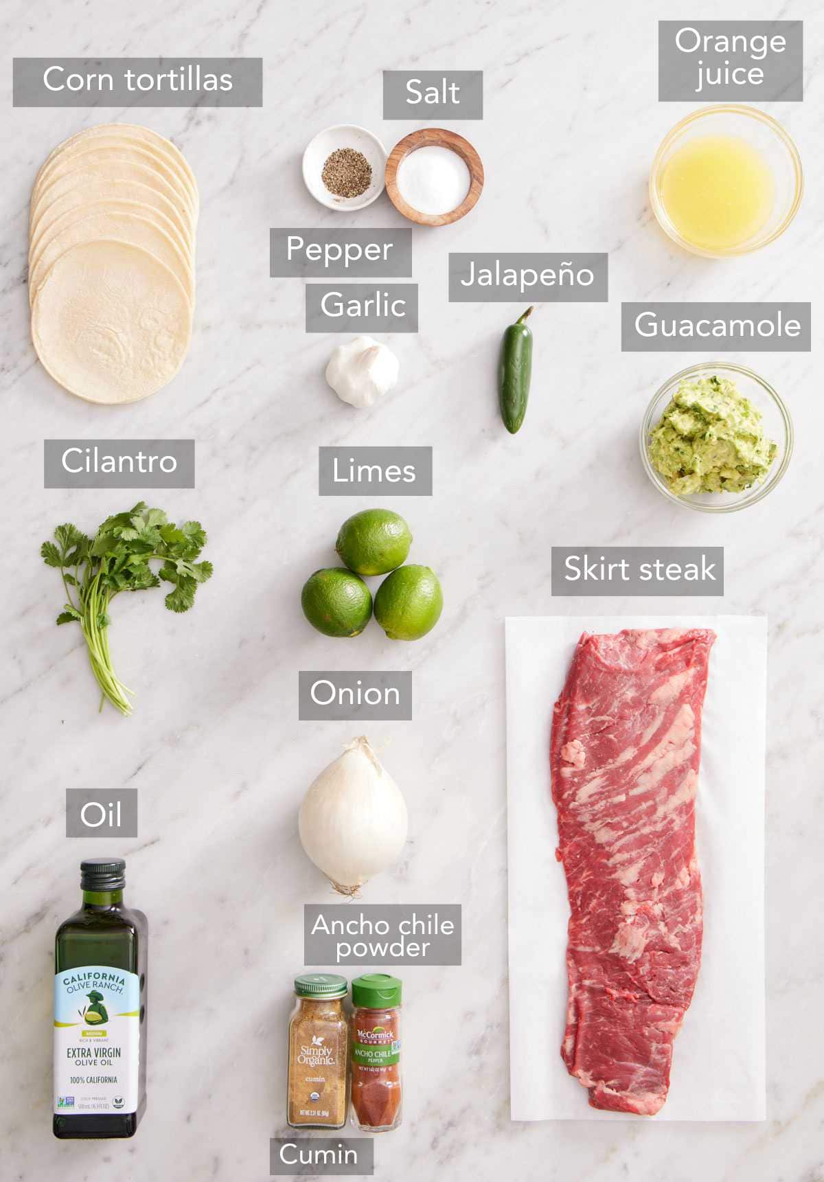 Ingredients needed to make carne asada tacos.