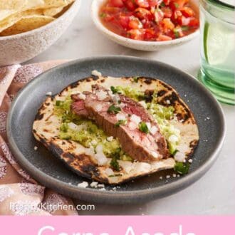 Pinterest graphic of carne asada tacos on a plate with chips and pico de gallo in the background.