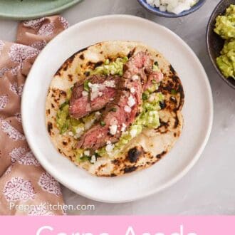 Pinterest graphic of carne asada tacos with chopped onions and guacamole on the side.
