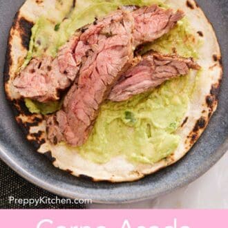 Pinterest graphic of a plate with a grilled tortilla with guacamole and carne asada.