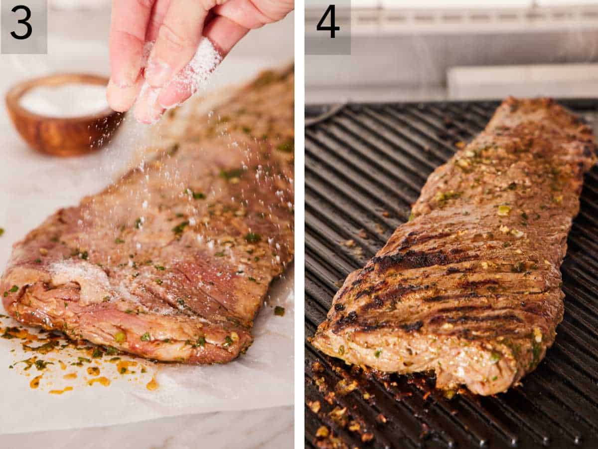 Set of two photos showing salt sprinkled over steak and steak cooking on a hot grill.