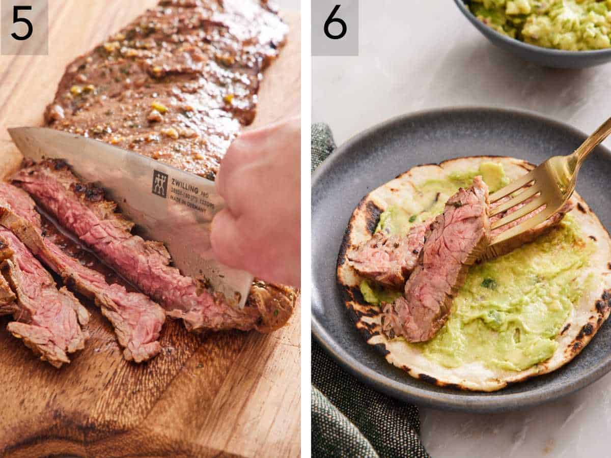 Set of two photos showing grilled meat sliced, and carne asada taco being assembled.