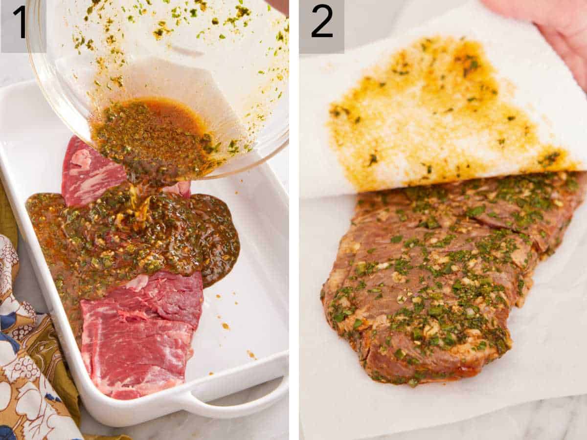 Set of two photos showing marinade poured over steak in a baking dish, and steak patted dry with a paper towel.