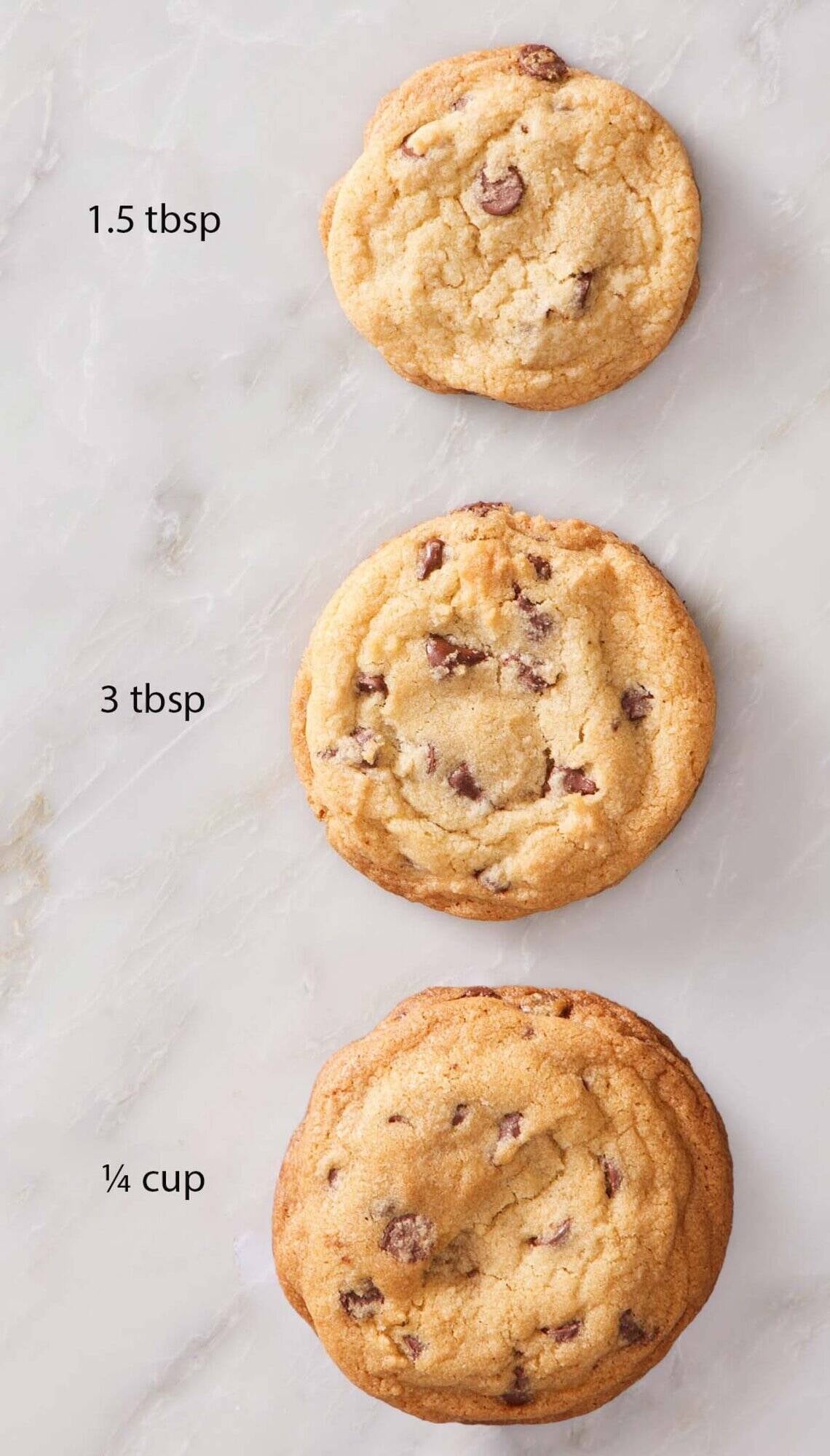 A photo showing three cookies and the differences between using different sized cookie scoops.