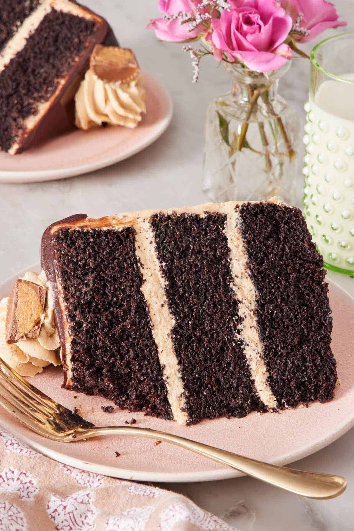 A slice of chocolate peanut butter cake lying on the side on a plate, showing the three layers, with a fork on the side.