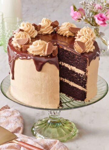 A chocolate peanut butter cake on a green cake stand with a slice cut out. Flowers in the background and a cake spatula in front.