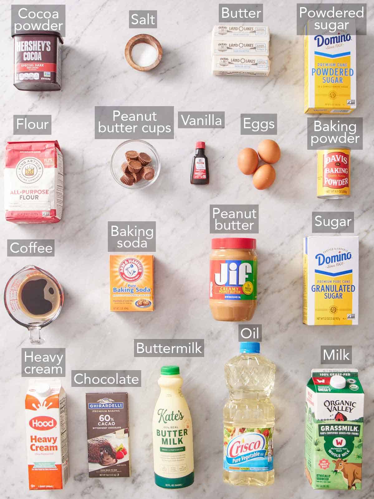 Ingredients needed to make chocolate peanut butter cake.