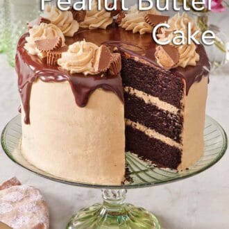 Pinterest graphic of a chocolate peanut butter cake on a green cake stand with a slice cut out.
