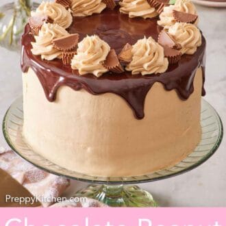Pinterest graphic of a chocolate peanut butter cake on a cake stand. Chocolate ganache on top of the cake and dripping down with dollops of frosting and cut mini peanut butter cups.