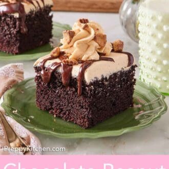 Pinterest graphic of a square piece of chocolate peanut butter cake on a great plate.