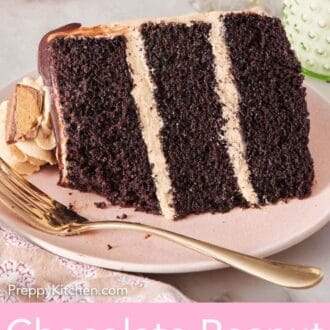 Pinterest graphic of a slice of chocolate peanut butter cake lying on the side on a plate, showing the three layers.